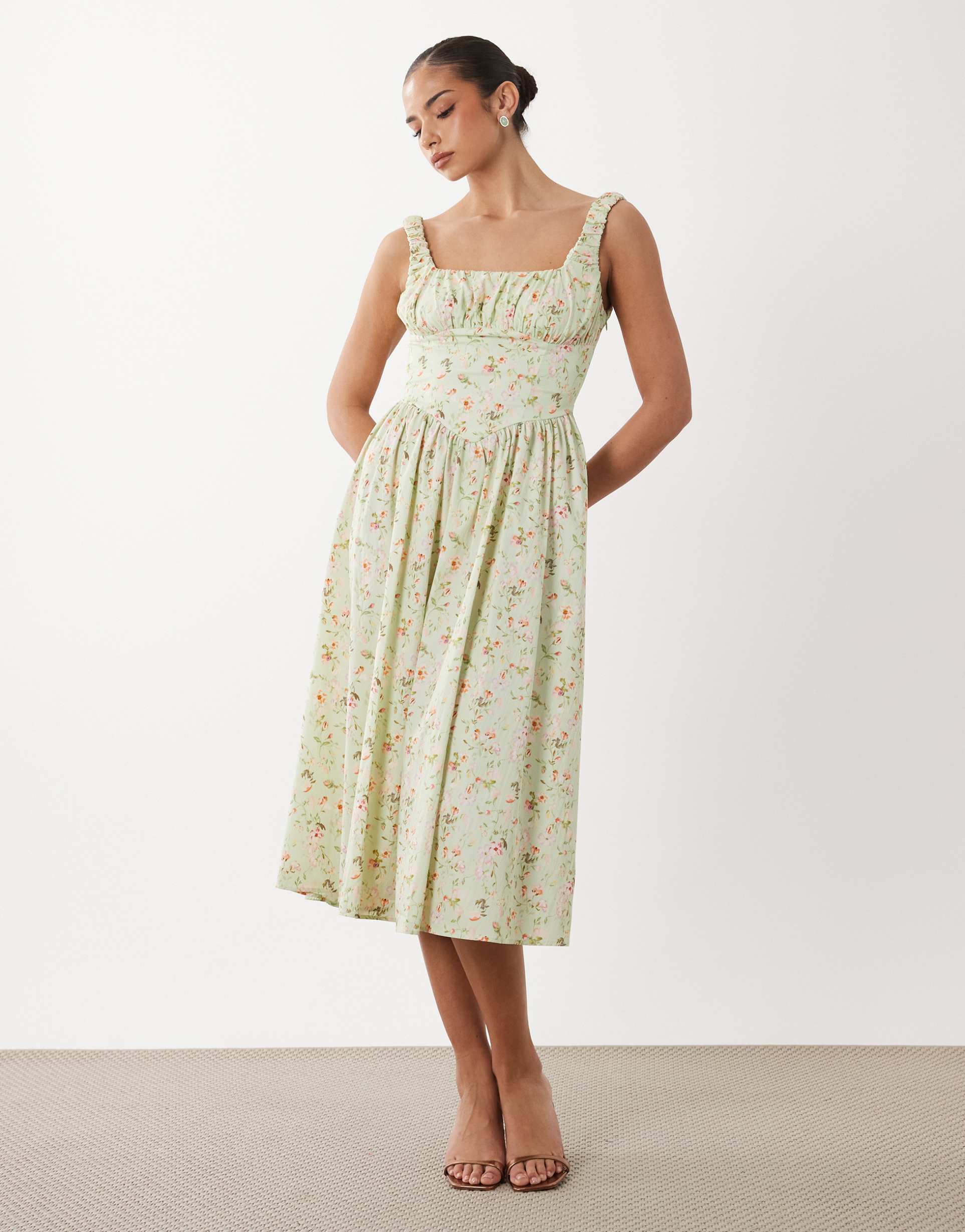 gina tricot corset midi dress in green flower print