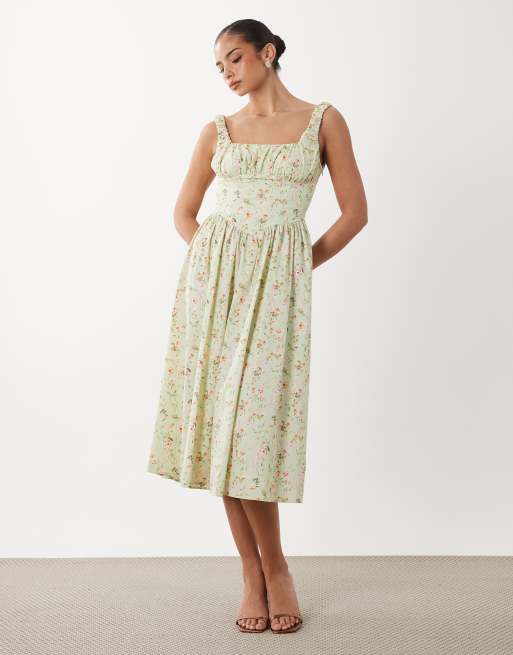 square neck floral corset lace up midi dress Orchid Floral Corset Lace-Up Balloon Sleeve Midi Dress main image 1