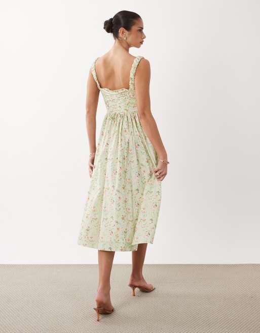 green midi dress with white flowers Green Floral Square Neck Midi Dress