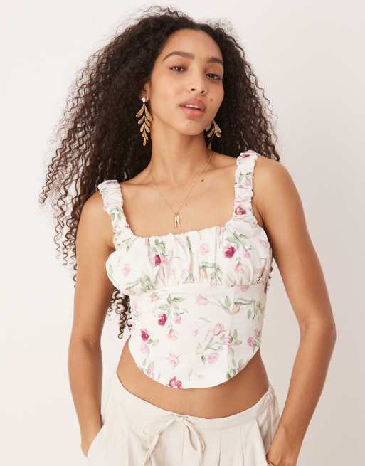 Gina Tricot - Corsetto bianco sporco con stampa a fiori e allacciatura sul retro