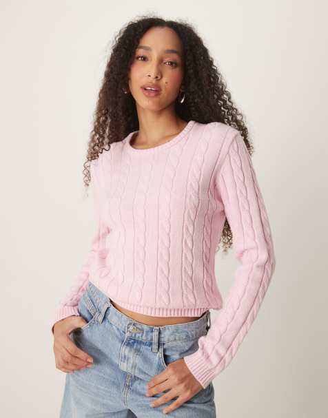 Gina Tricot cotton blend cable knit sweater with crew neck in pink