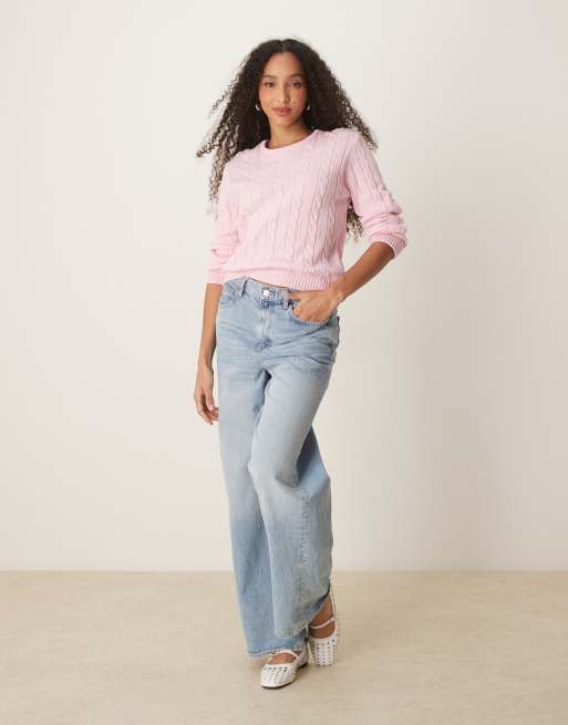 Gina Tricot cotton blend cable knit sweater with crew neck in pink