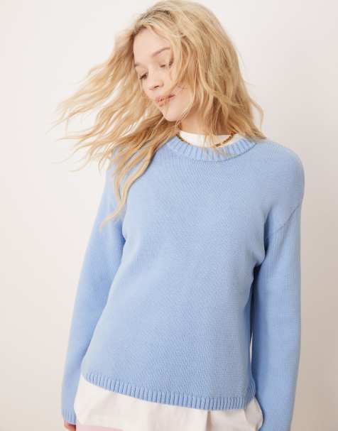 GINA TRICOT cotton blend knit sweater with crew neck in blue - view 1