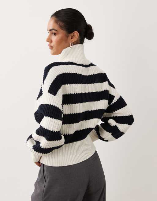 Gina Tricot cotton blend knitted zip cardigan in navy stripe, 4 of 4