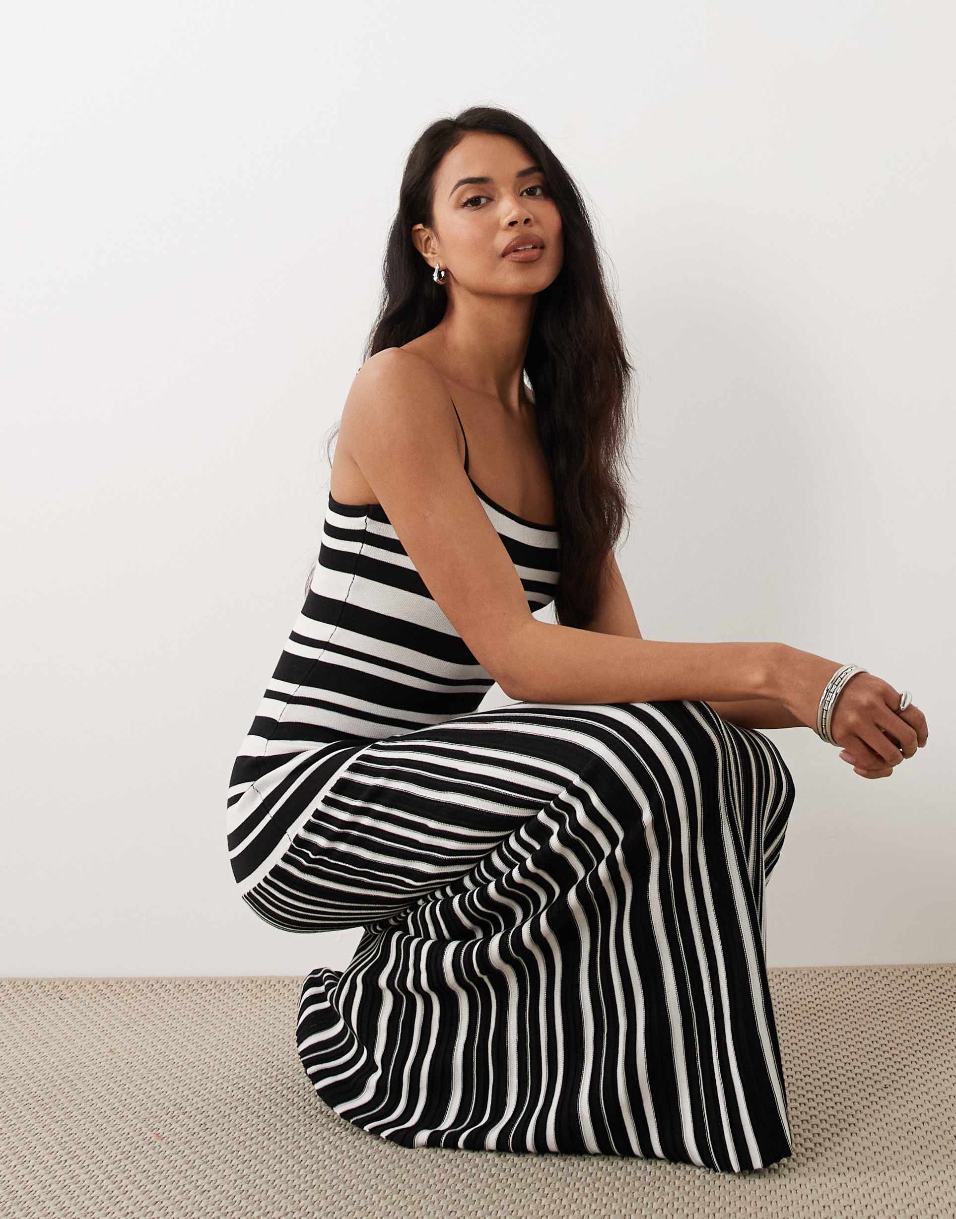 gina tricot cotton blend light knit strappy maxi dress in black and white multi stripes
