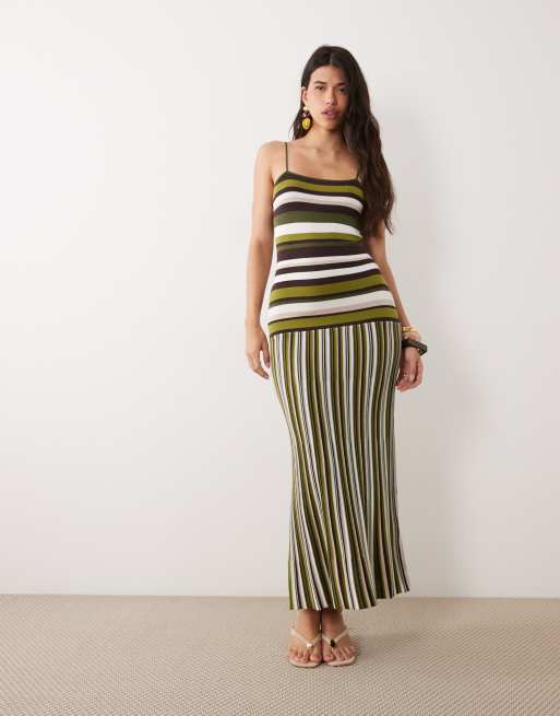 Gina Tricot cotton blend light knit strappy maxi dress in green multi stripe, 4 of 4