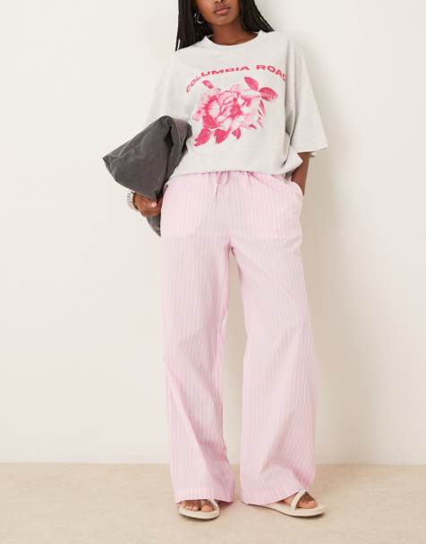 Gina Tricot cotton poplin relaxed fit pants in pink stripes - view 1