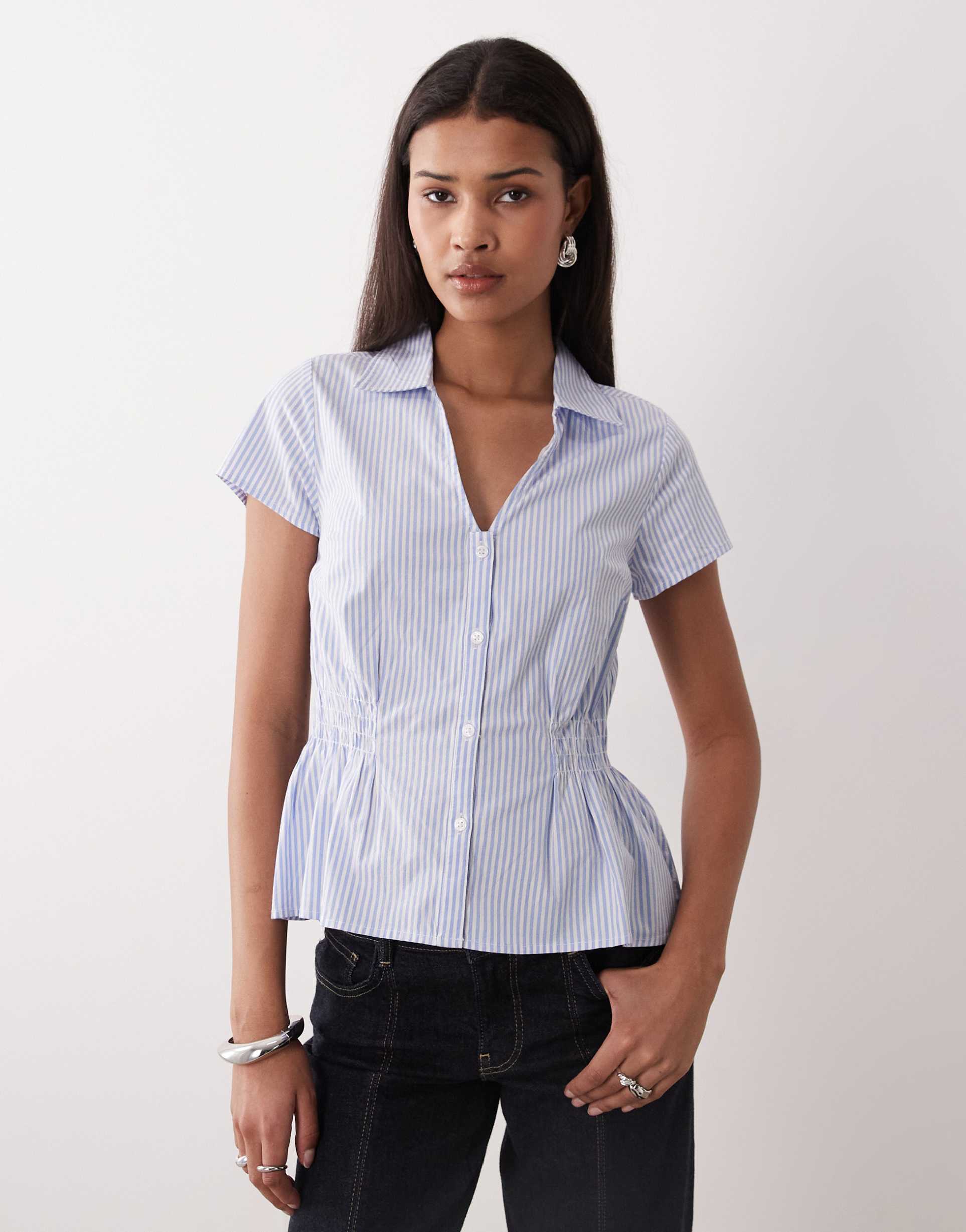 gina tricot cotton rich cinched waist crinkle blouse in blue and white stripe