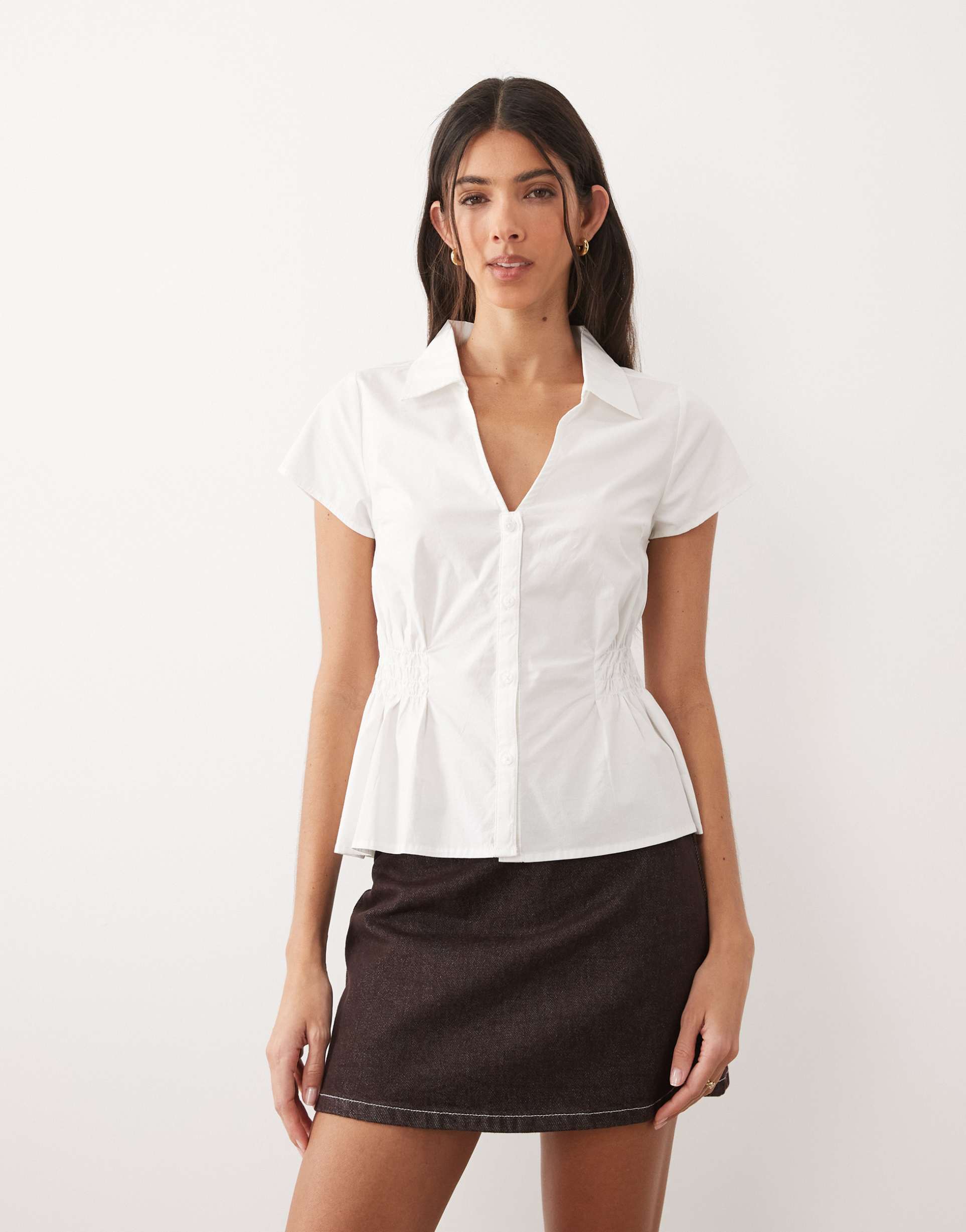 gina tricot cotton rich cinched waist crinkle blouse in white