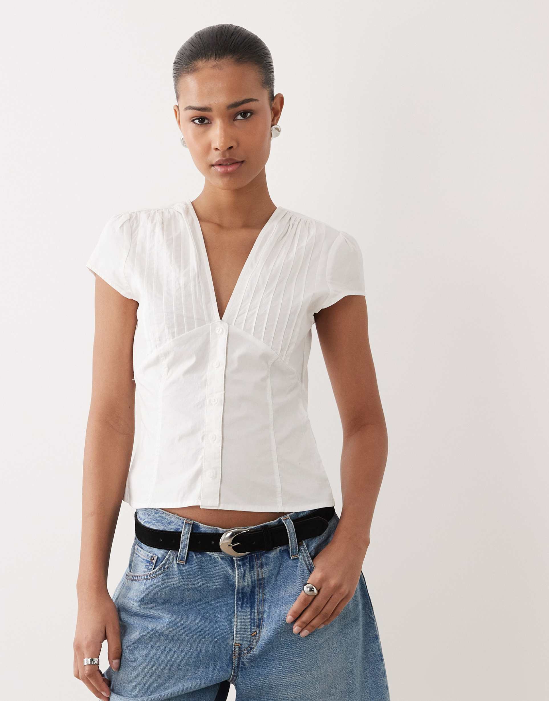 gina tricot cotton rich v neck short sleeve blouse in white