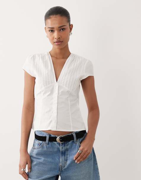 Gina Tricot cotton rich v neck short sleeve blouse in white