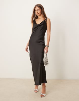 cowl neck low back satin bias cut maxi dress in black