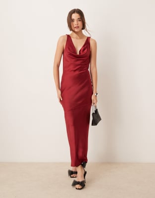 cowl neck low back satin bias cut maxi dress in burgundy-Red