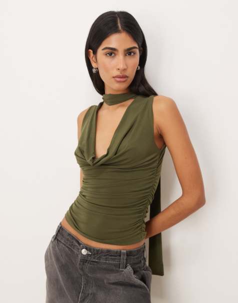 Gina Tricot cowl neck scarf top in olive green - view 1