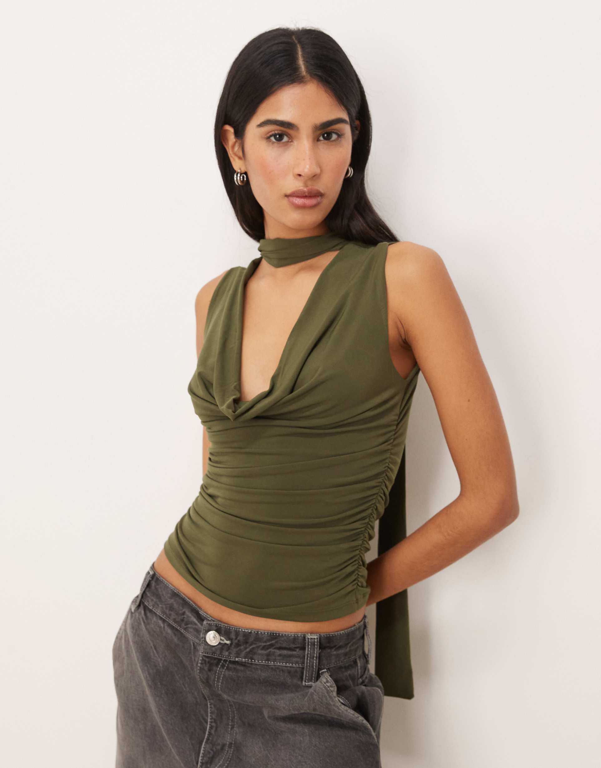 gina tricot cowl neck scarf top in olive green