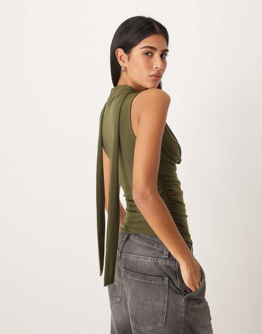 Gina Tricot cowl neck scarf top in olive green, 2 of 4