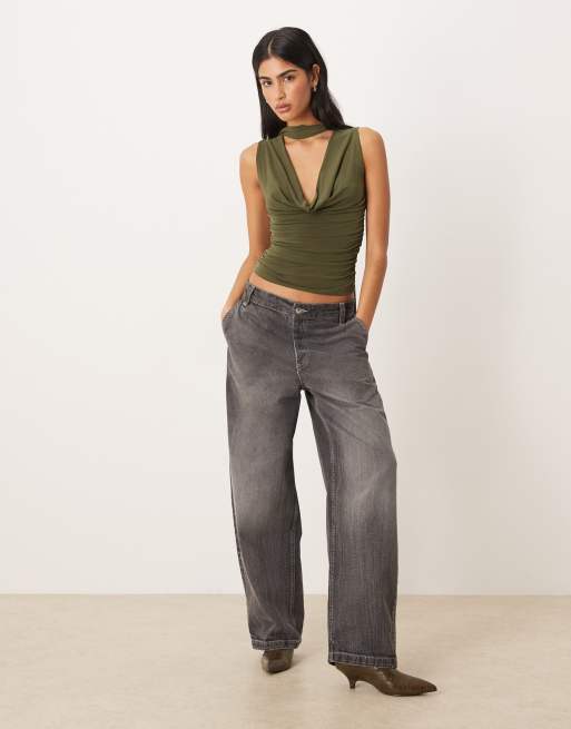 Gina Tricot cowl neck scarf top in olive green, 4 of 4