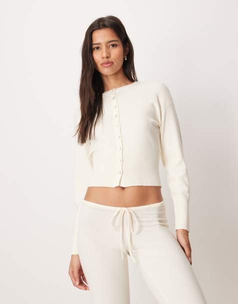 Gina Tricot - Cremehvid tætsiddende cardigan med lange ærmer i fin strik - Del af sæt - view 1