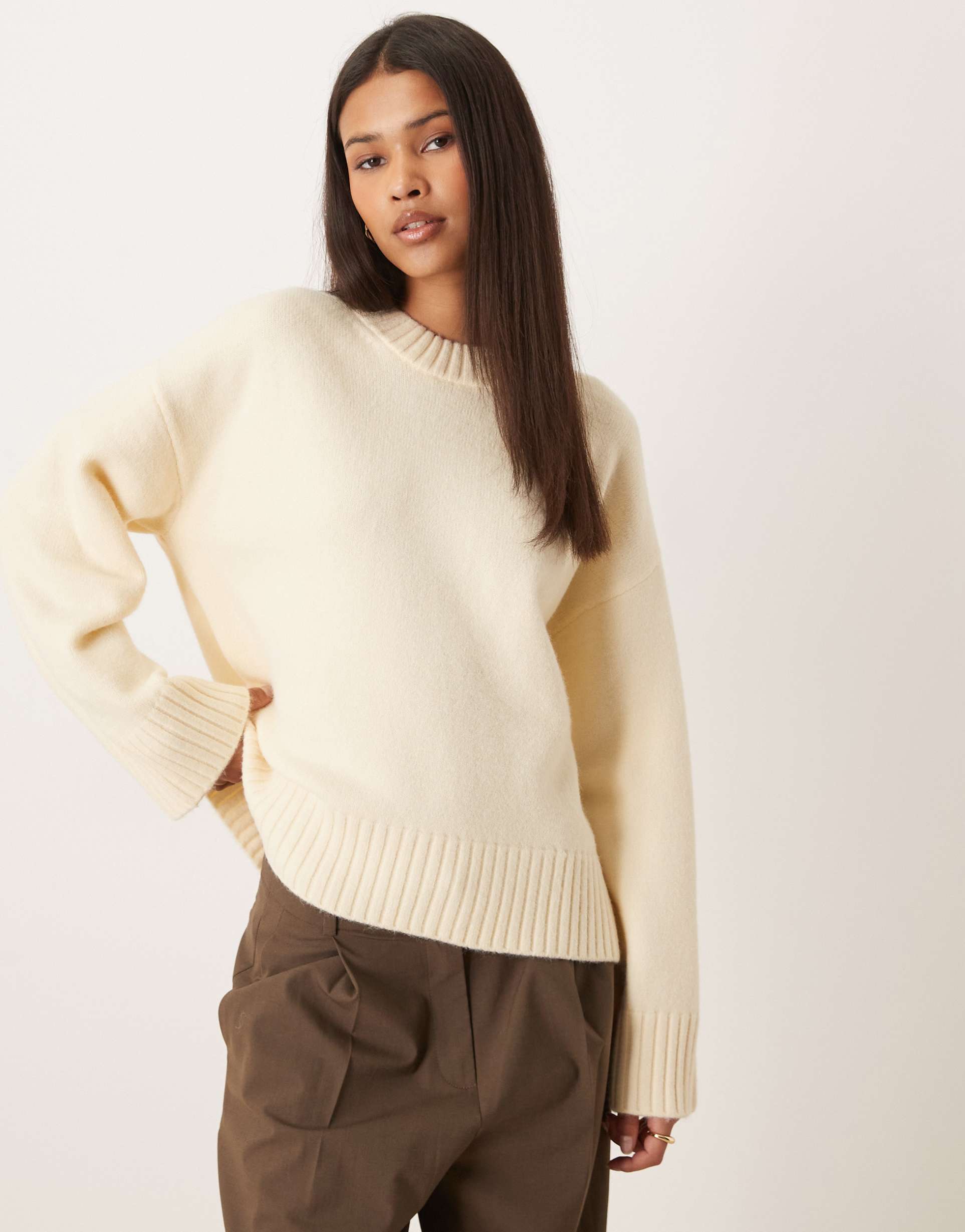 gina tricot crew neck knit sweater with wide sleeves in buttermilk yellow