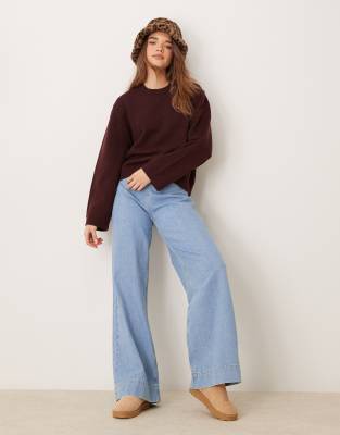 Gina Tricot Crew Neck Knit Sweater With Wide Sleeves In Dark Wine Burgundy-red