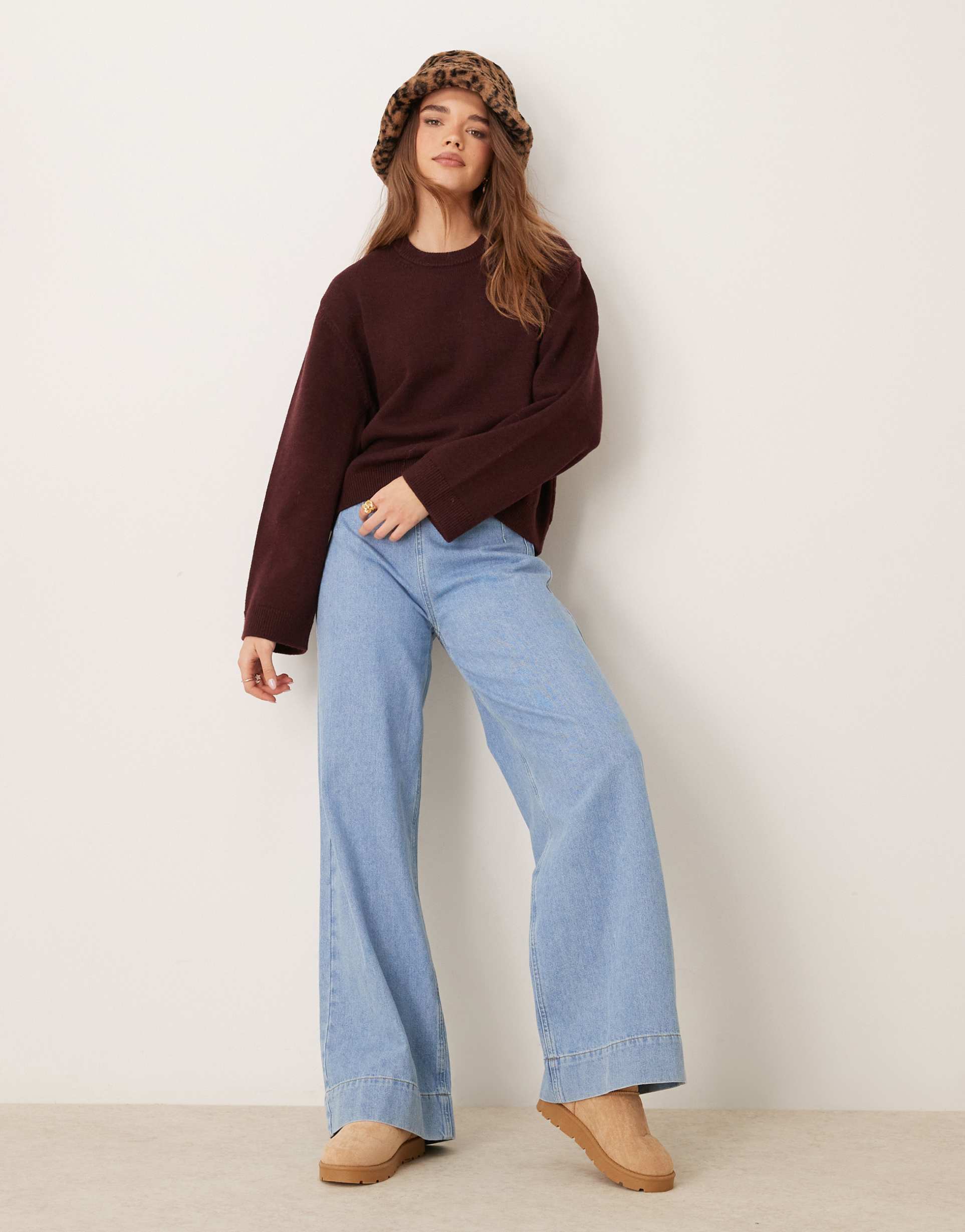 gina tricot crew neck knit sweater with wide sleeves in dark wine burgundy