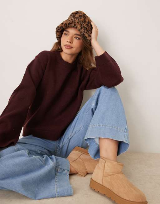 GINA TRICOT crew neck knit sweater with wide sleeves in dark wine burgundy
