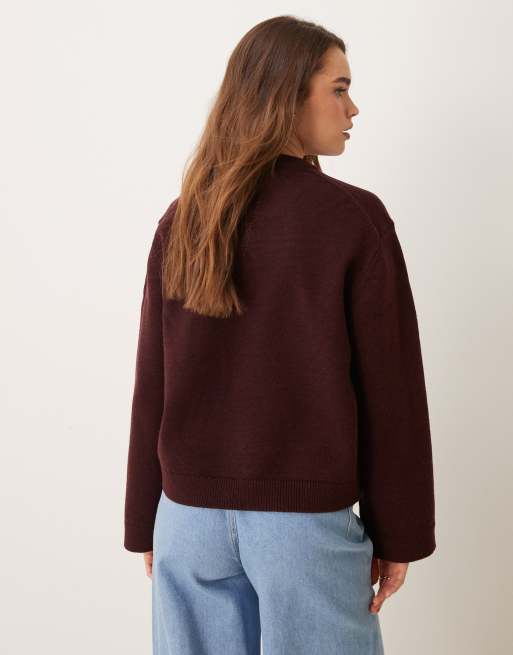 GINA TRICOT crew neck knit sweater with wide sleeves in dark wine burgundy