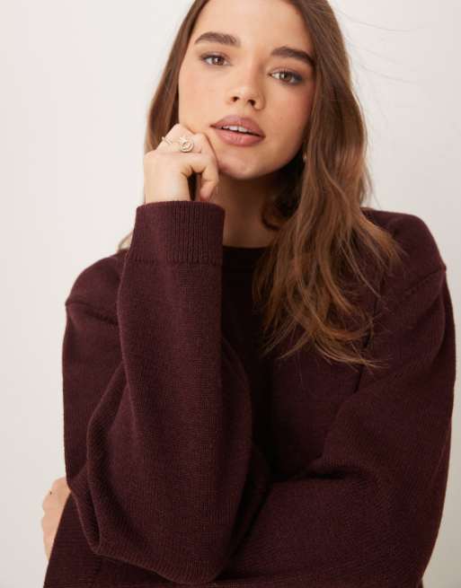 GINA TRICOT crew neck knit sweater with wide sleeves in dark wine burgundy