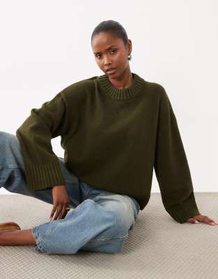 Gina Tricot Crew Neck Knit Sweater With Wide Sleeves In Green