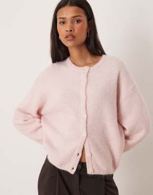 Gina Tricot Crew Neck Knit Wool Alpaca Blend Cardigan In Pink