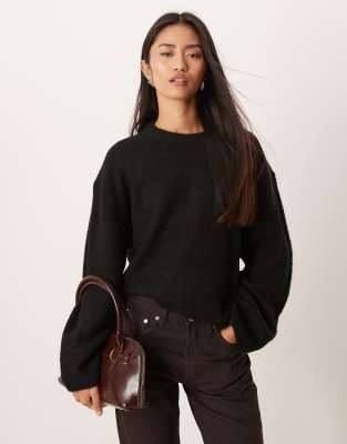 Gina Tricot Crew Neck Knit Wool/alpaca Blend Sweater In Black