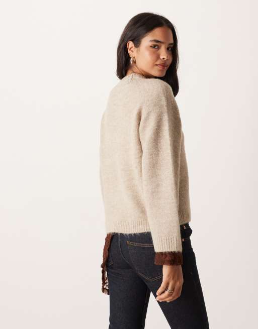 Gina Tricot crew neck knit wool alpaca sweater in beige melange