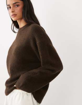 Gina Tricot Crew Neck Knit Wool Alpaca Sweater In Brown