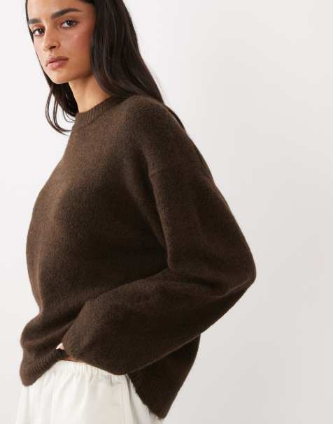 Gina Tricot crew neck knit wool alpaca sweater in chocolate brown - view 1