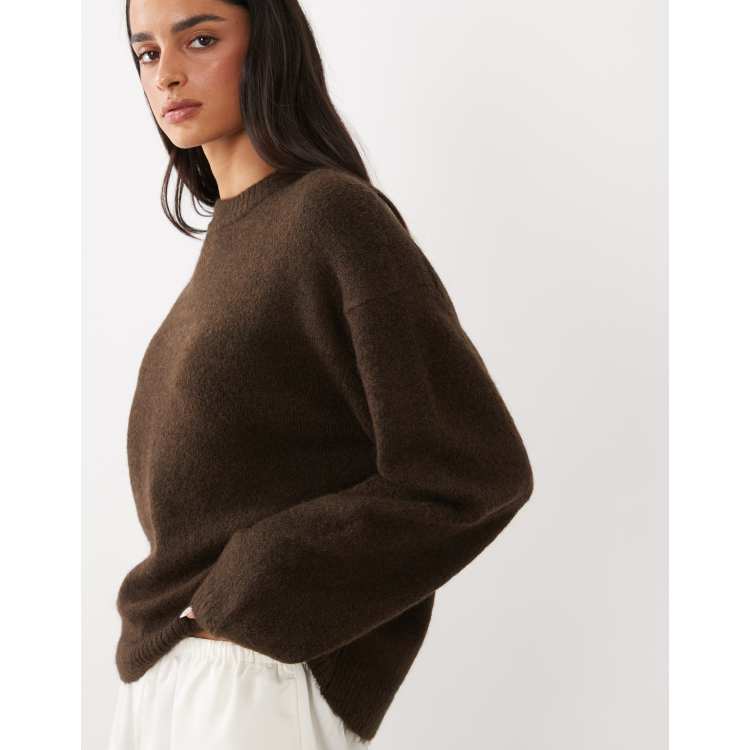 Gina Tricot crew neck knit wool alpaca sweater in chocolate brown