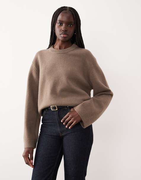Gina Tricot crew neck knitted sweater with wide sleeves in brown exclusive to ASOS