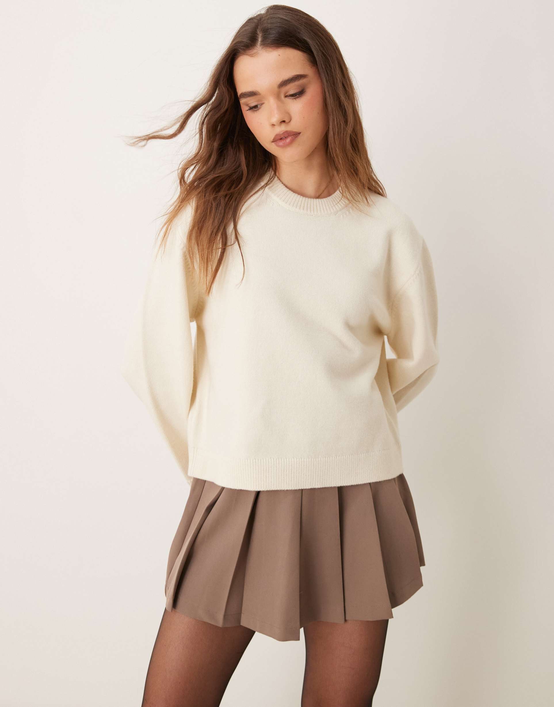 gina tricot crew neck knitted sweater with wide sleeves in cream