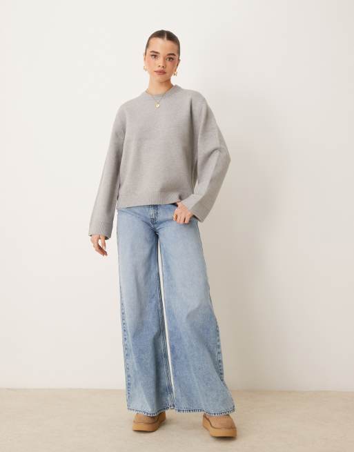 Gina Tricot crew neck knitted sweater with wide sleeves in gray