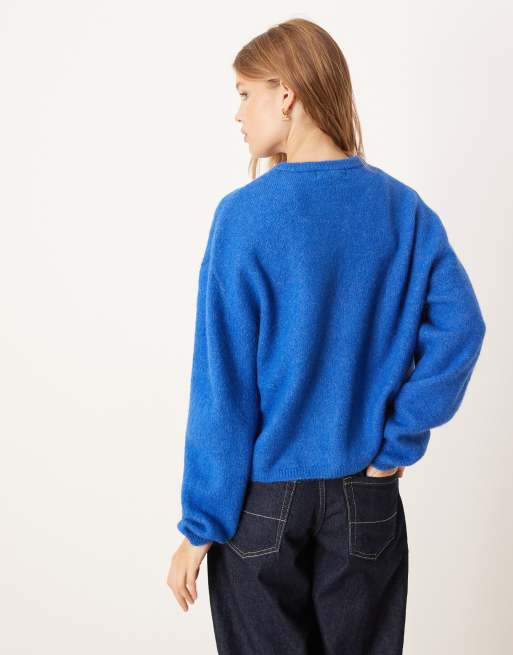 Gina Tricot crew neck knitted wool alpaca cardigan in blue