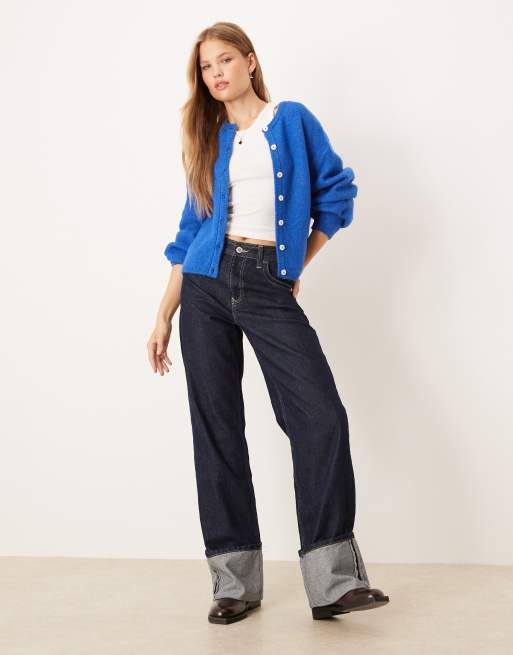 Gina Tricot crew neck knitted wool alpaca cardigan in blue
