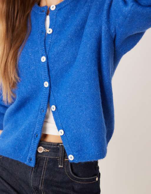 Gina Tricot crew neck knitted wool alpaca cardigan in blue
