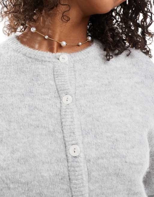 Gina Tricot crew neck knitted wool alpaca cardigan in light grey melange, 3 of 4