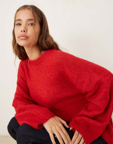 Gina Tricot crew neck knitted wool alpaca jumper in red - view 1