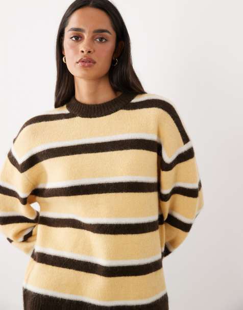 Gina Tricot crew neck knitted wool alpaca jumper in yellow multi stripe - view 1