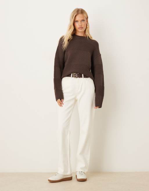 Gina Tricot crew neck textured stripe stitch chunky knitted sweater in brown