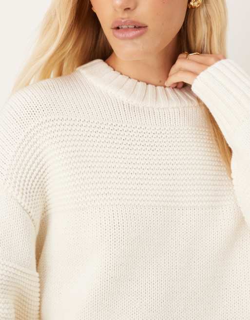 Gina Tricot crew neck textured stripe stitch chunky knitted sweater in cream, 3 of 4