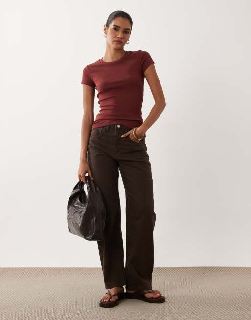 Gina Tricot crew neck top in dark red, 2 of 4