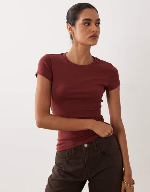 Gina Tricot crew neck top in dark red, 3 of 4