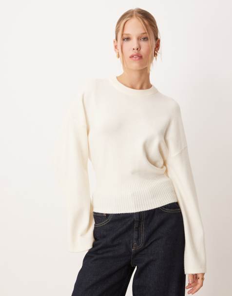 Gina Tricot crew neck wide sleeve fitted knitted jumper in ivory - view 1