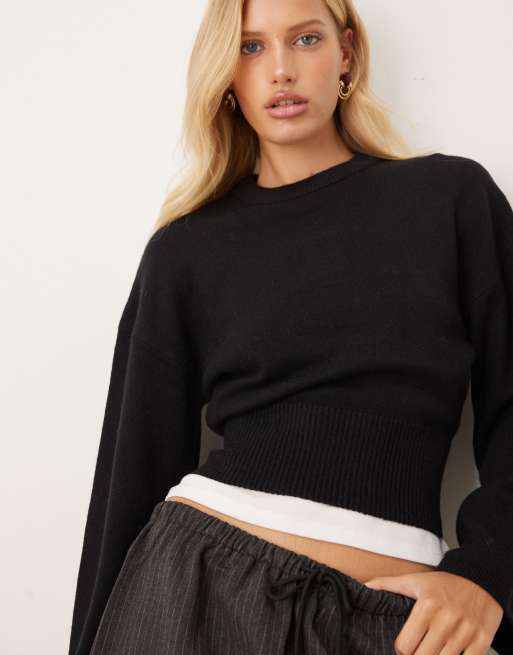 Gina Tricot crew neck wide sleeve knit sweater in black